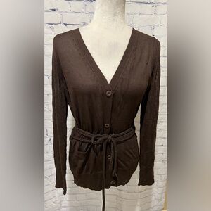 NWOT Cote Femme Woman Cardigan Sweater Solid Brown Belted Size 10/12